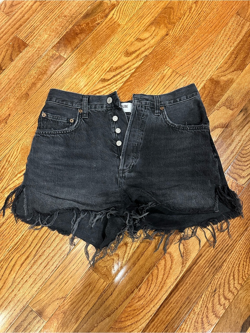 Agolde Black Distressed High-Rise Denim Shorts